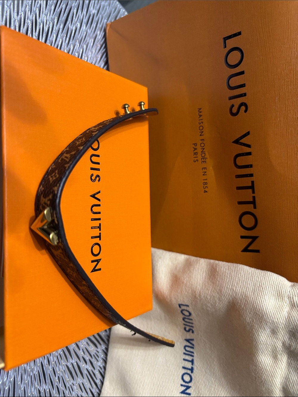 Louis Vuitton Monogram Brown Leather Bangle with Gold Hardware